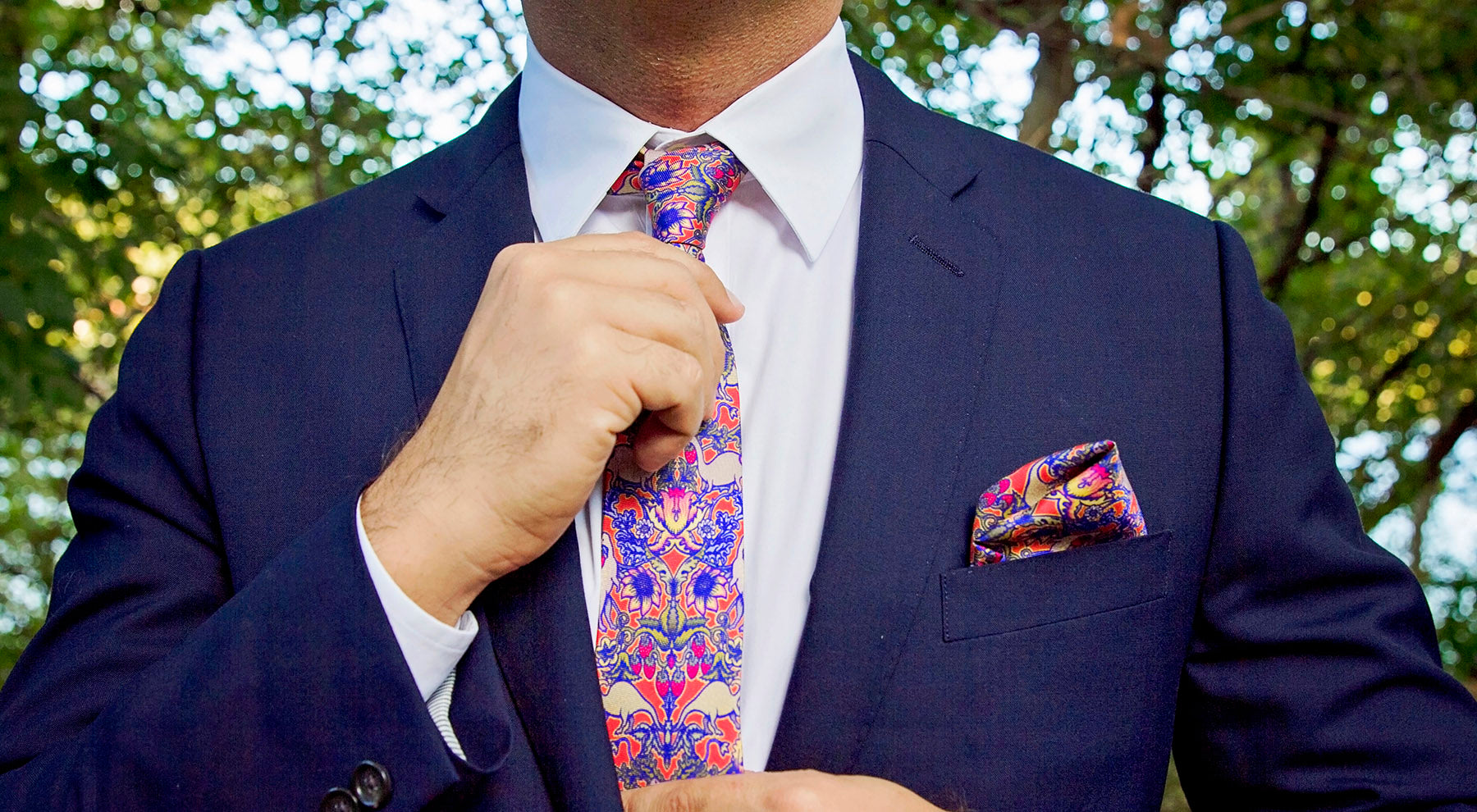 Man wearing Calamityware Strawberry Thieves Tie and Pocket Square