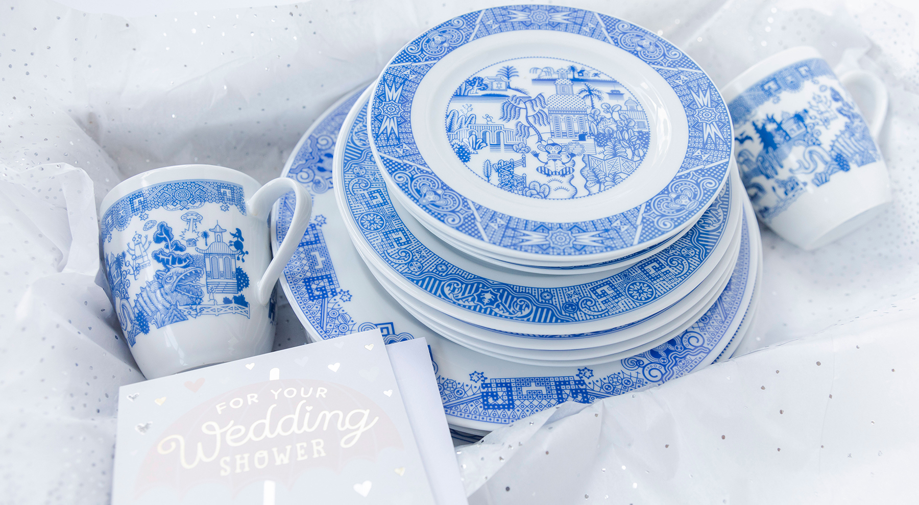 Calamityware Dinner Set and Petite Plates in gift box with Wedding Card