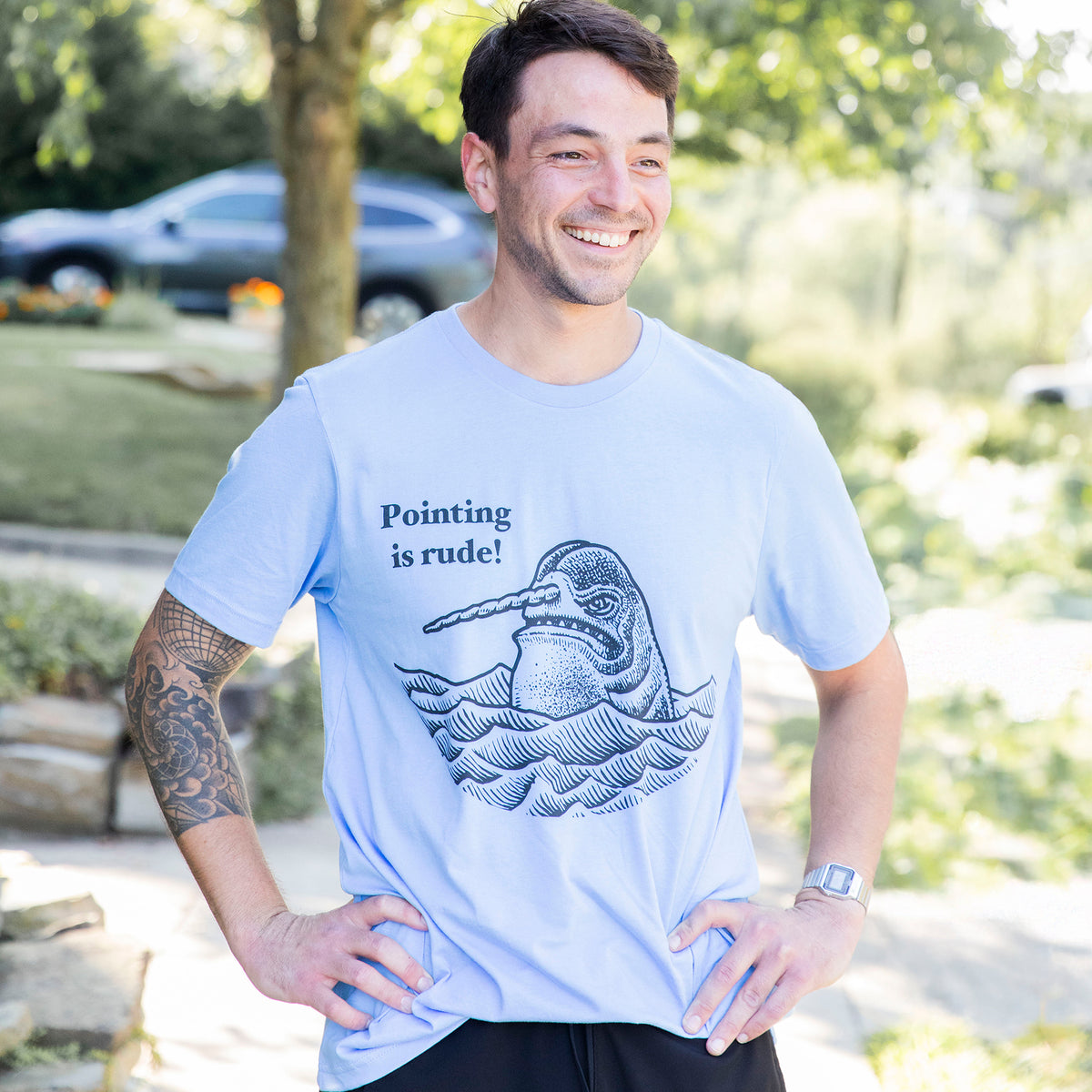 Narwhal Pointing Is Rude Unisex Blue T-Shirt