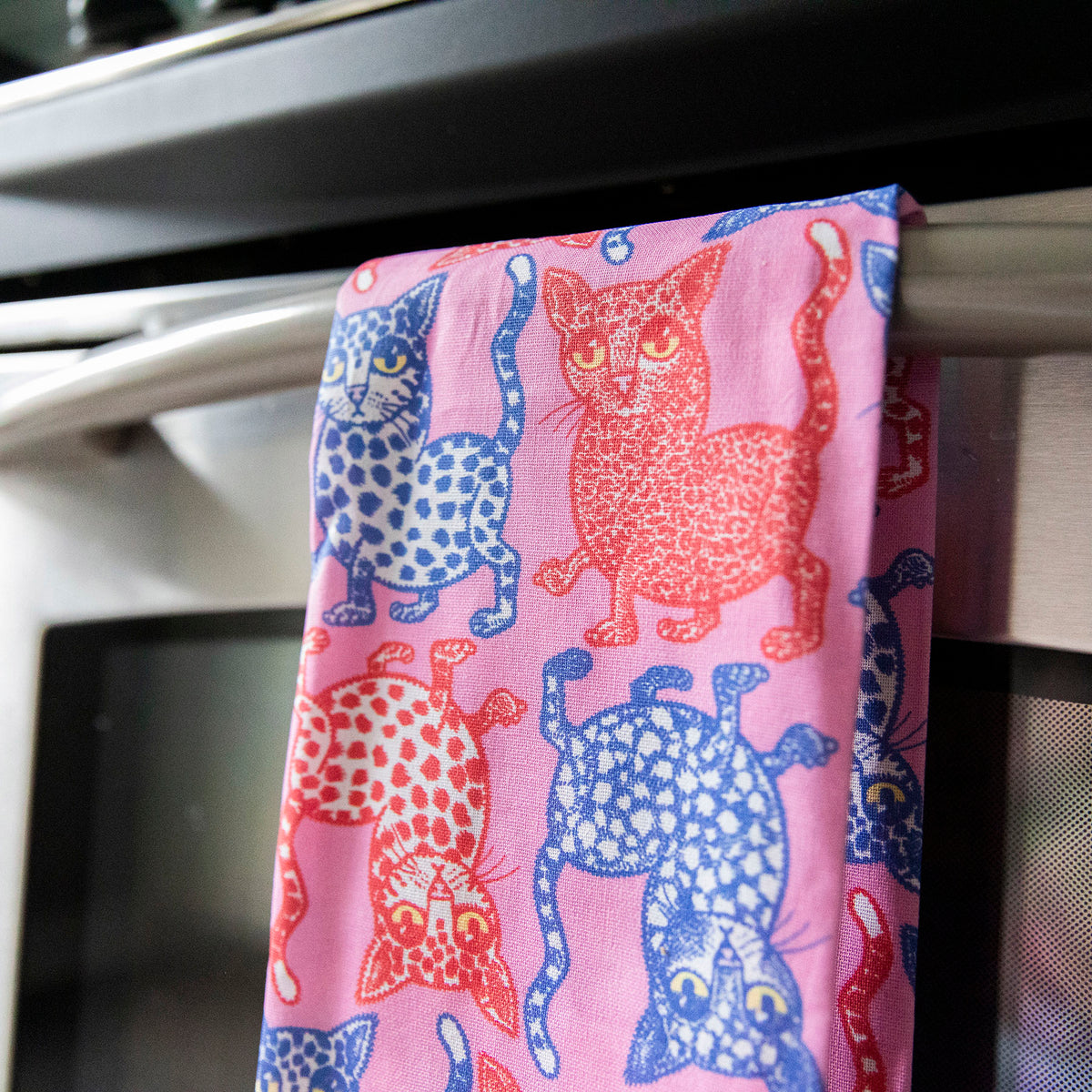 Pink Cat Attack Tea Towel