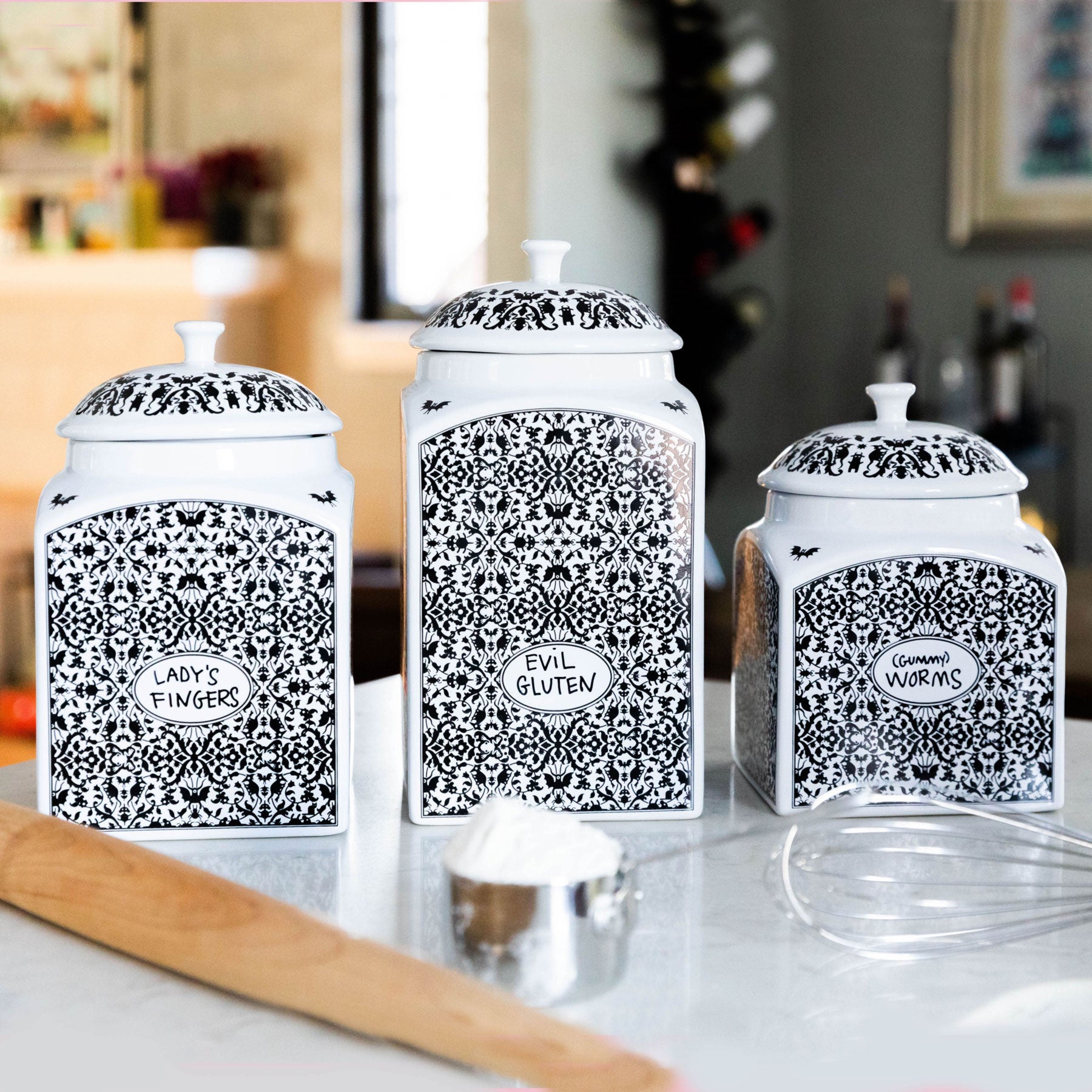 Tall Black & White Ceramic Lidded Jar, Kitchen Storage Jar With